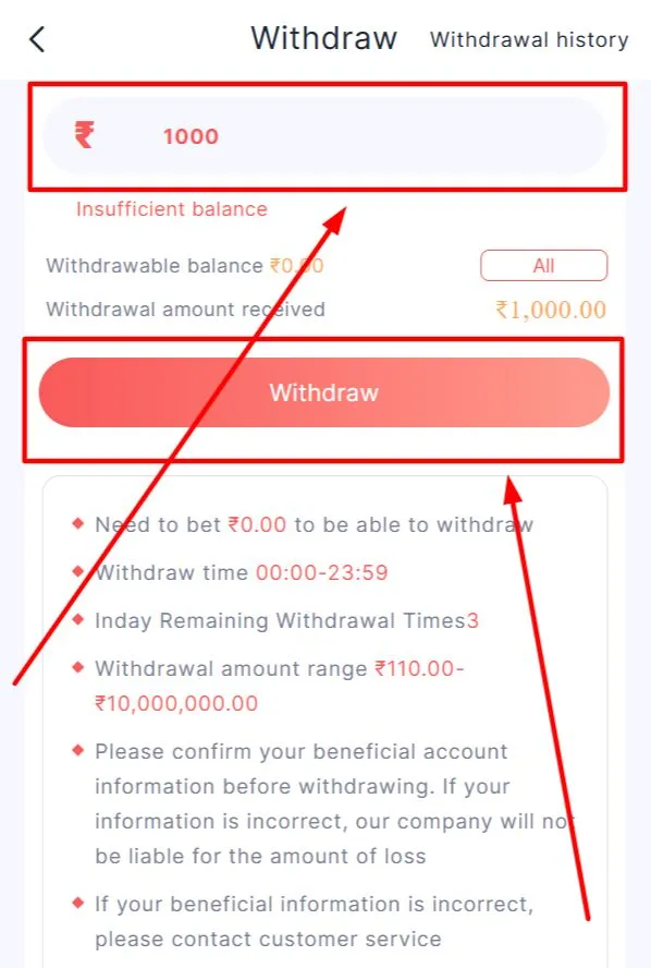 Enter amount and tap “Withdraw